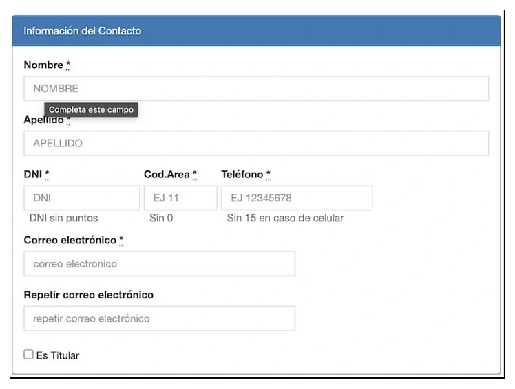 Paso 2 para sacar turno de la VTV en Tandil: información del contacto